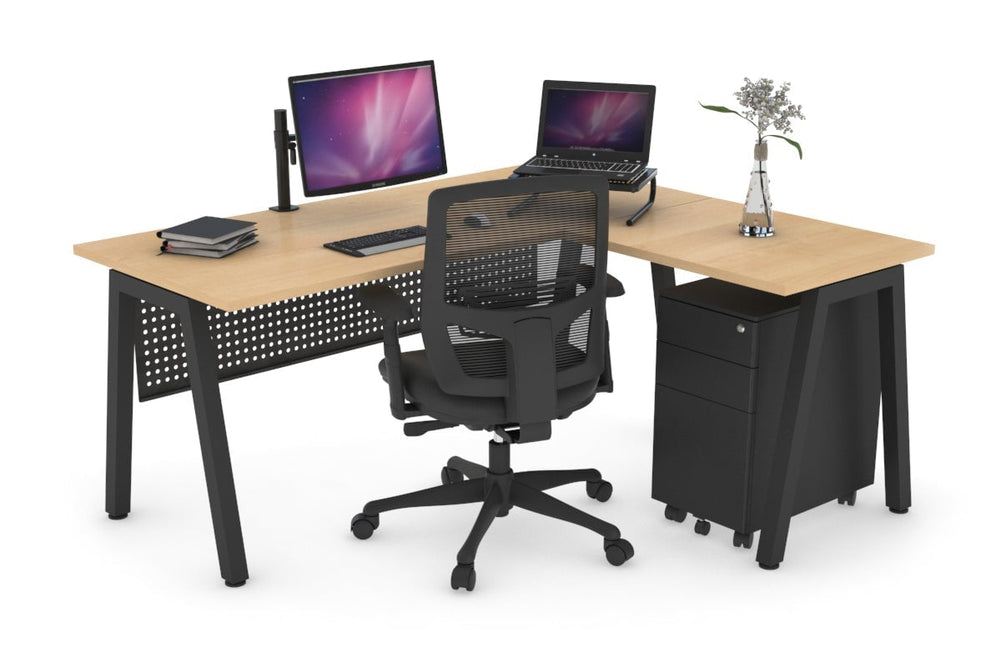 Quadro A Legs L-Shaped Corner Office Desk [1400L x 1700W]-black leg maple black modesty