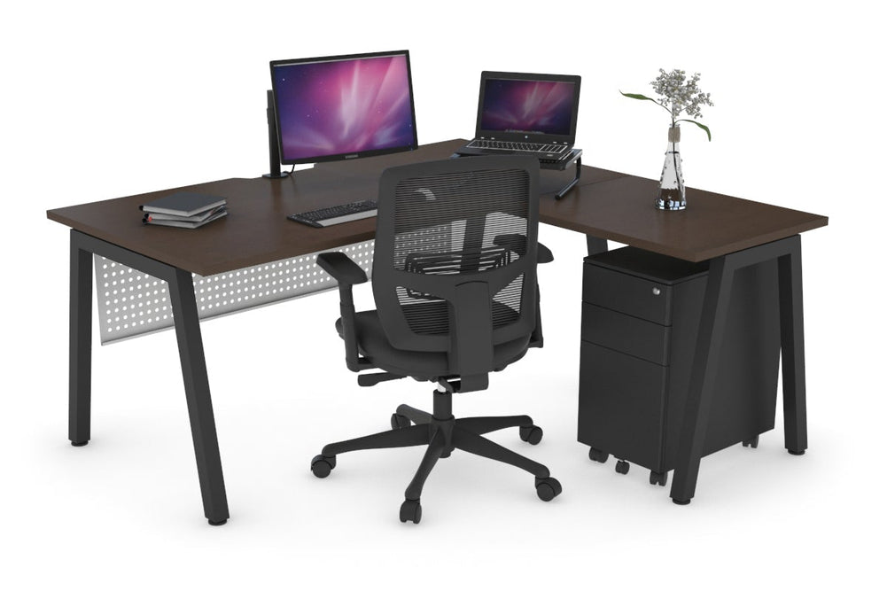 Quadro A Legs L-Shaped Corner Office Desk [1400L x 1800W with Cable Scallop]-black leg dark oak black modesty