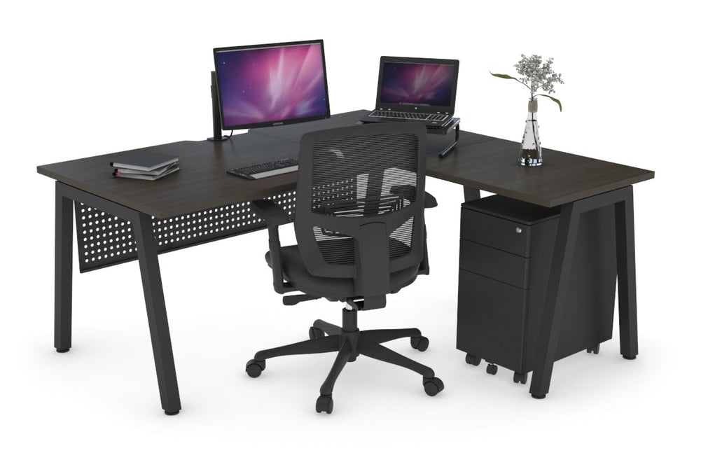 Quadro A Legs L-Shaped Corner Office Desk [1400L x 1800W with Cable Scallop]-black leg dark oak black modesty