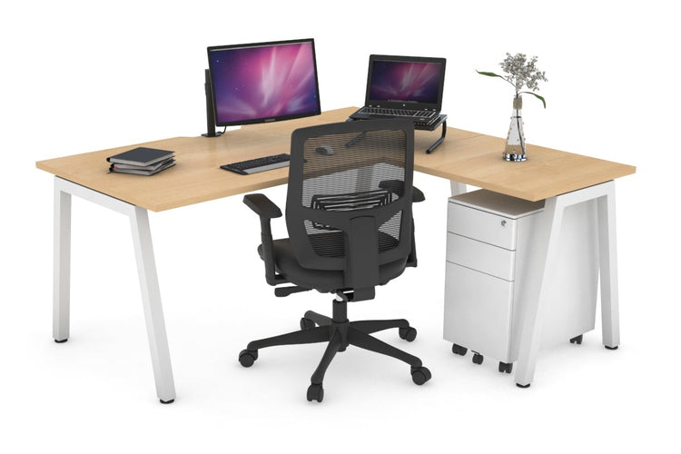 Quadro A Leg L-Shaped Corner Office Desk [1400L x 1800W with Cable Scallop] Jasonl white leg maple none