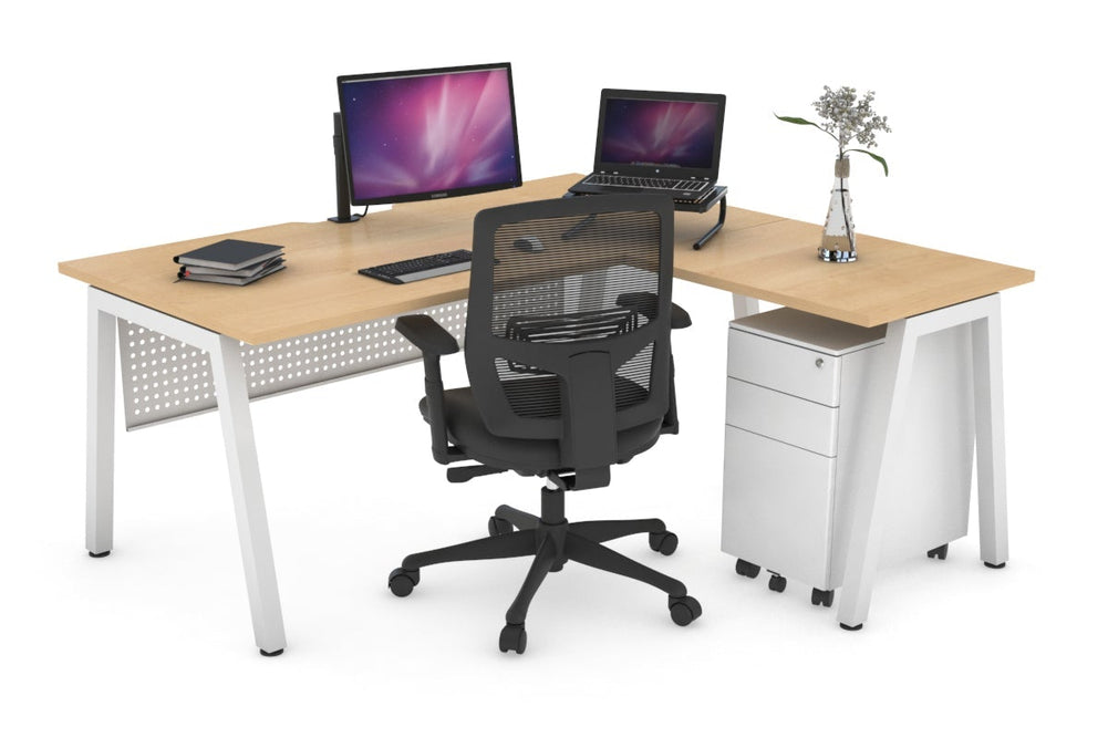 Quadro A Legs L-Shaped Corner Office Desk [1400L x 1800W with Cable Scallop]-white leg maple white modesty