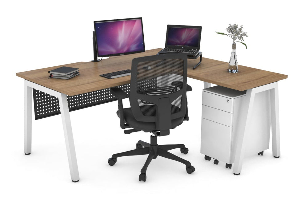Quadro A Legs L-Shaped Corner Office Desk [1600L x 1800W with Cable Scallop]-white leg salvage oak black modesty