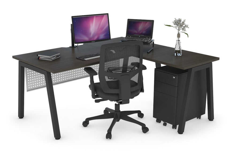 Quadro A Legs L-Shaped Corner Office Desk [1800L x 1550W with Cable Scallop]-black leg dark oak white modesty
