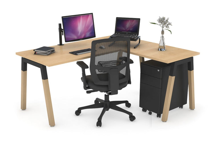 Quadro A Leg - L Shaped Corner Office Desk - Wood Leg Cross Beam [1400L x 1450W] Jasonl black leg maple none