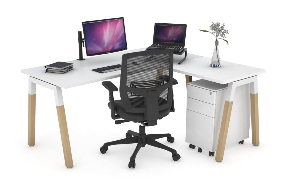 Quadro A Legs - L Shaped Corner Office Desk - Wood Legs Cross Beam [1400L x 1450W]-white leg white none