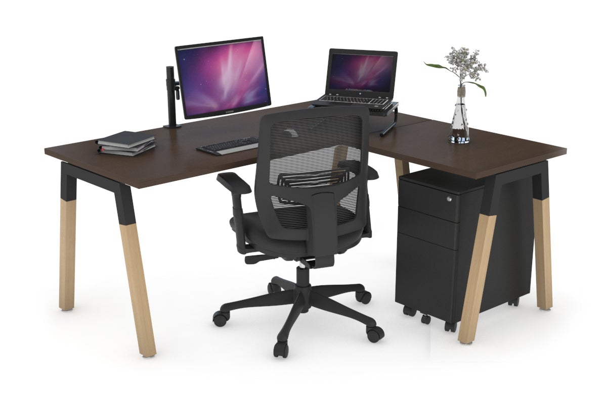 Quadro A Leg - L Shaped Corner Office Desk - Wood Leg Cross Beam [1400L x 1450W] Jasonl black leg wenge none