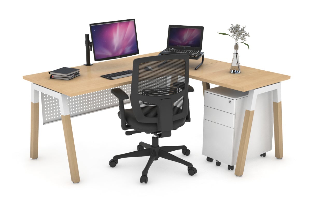 Quadro A Leg - L Shaped Corner Office Desk - Wood Leg Cross Beam [1400L x 1450W] Jasonl white leg maple white modesty