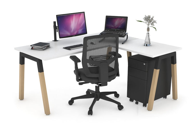 Quadro A Leg - L Shaped Corner Office Desk - Wood Leg Cross Beam [1400L x 1450W] Jasonl black leg white none