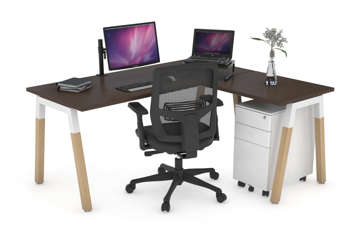 Quadro A Leg - L Shaped Corner Office Desk - Wood Leg Cross Beam [1400L x 1450W] Jasonl white leg wenge none