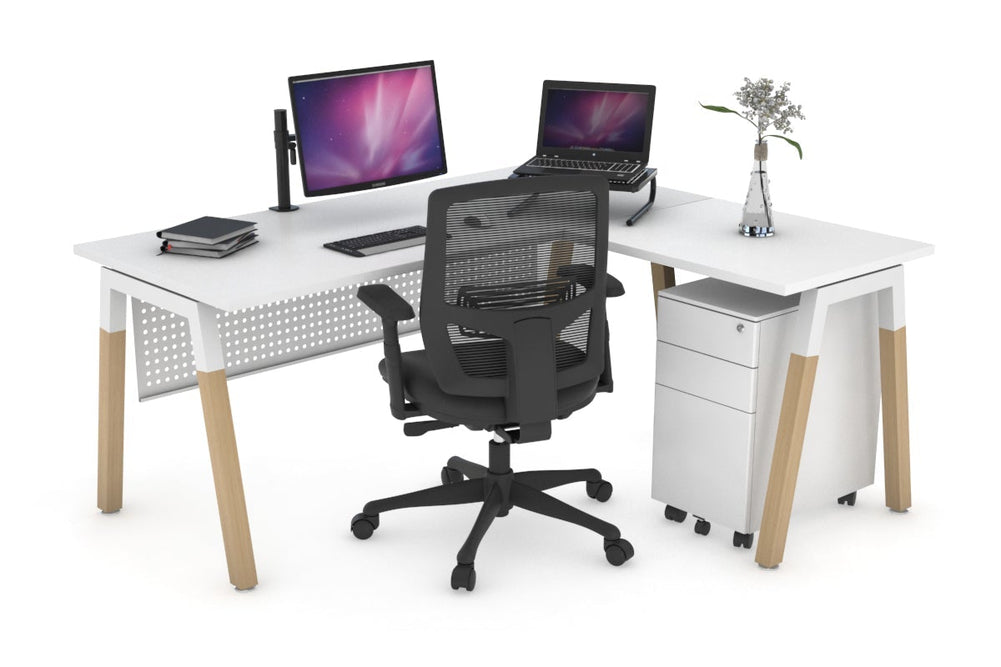 Quadro A Legs - L Shaped Corner Office Desk - Wood Legs Cross Beam [1400L x 1450W]-white leg white white modesty