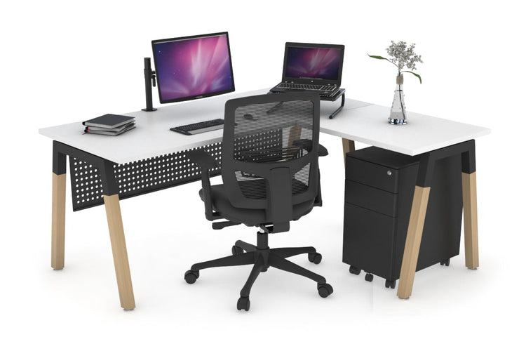 Quadro A Leg - L Shaped Corner Office Desk - Wood Leg Cross Beam [1400L x 1450W] Jasonl black leg white black modesty