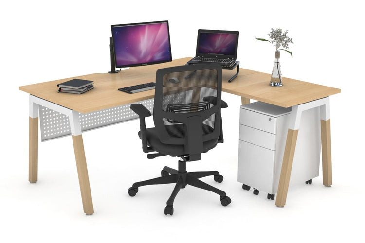 Quadro A Leg - L Shaped Corner Office Desk - Wood Leg Cross Beam [1400L x 1550W with Cable Scallop] Jasonl white leg maple white modesty