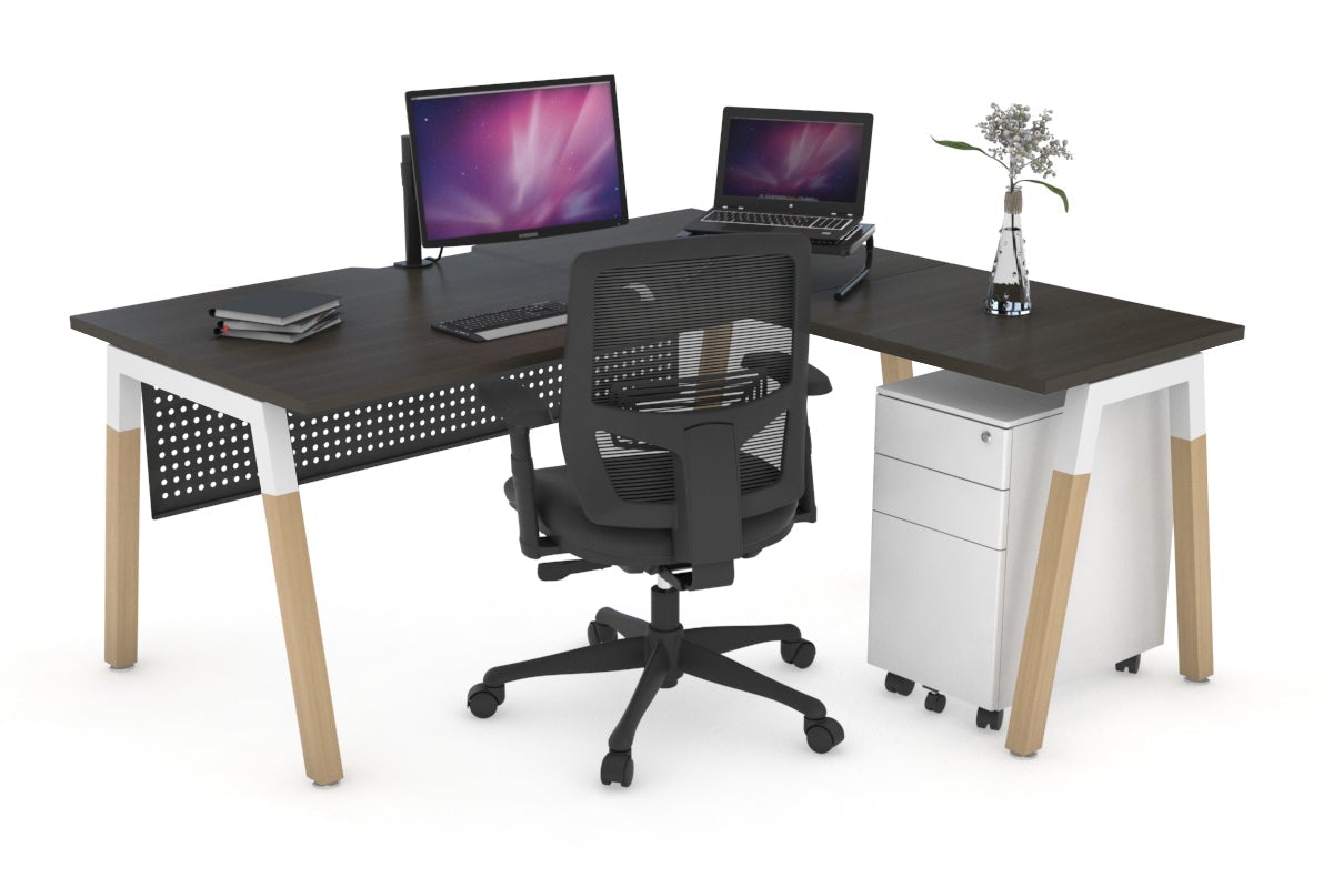 Quadro A Leg - L Shaped Corner Office Desk - Wood Leg Cross Beam [1400L x 1550W with Cable Scallop] Jasonl white leg dark oak black modesty