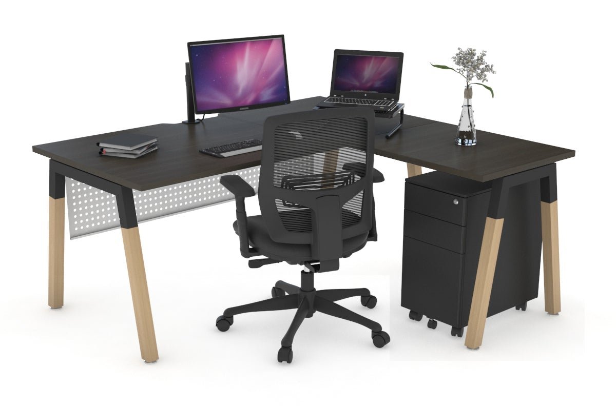 Quadro A Leg - L Shaped Corner Office Desk - Wood Leg Cross Beam [1400L x 1550W with Cable Scallop] Jasonl black leg dark oak white modesty