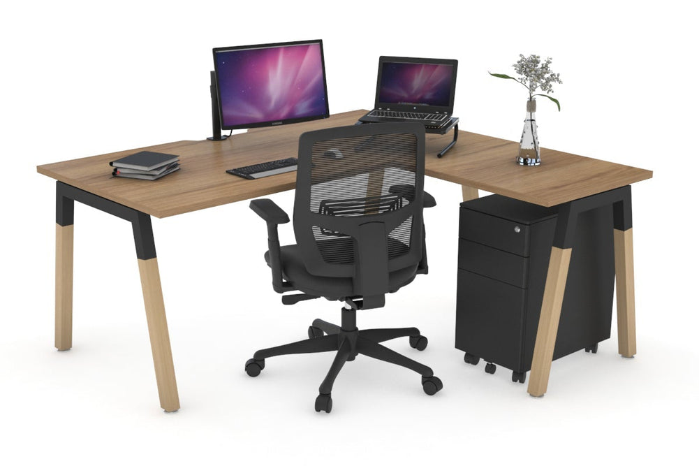 Quadro A Legs - L Shaped Corner Office Desk - Wood Legs Cross Beam [1400L x 1550W with Cable Scallop]-black leg salvage oak none