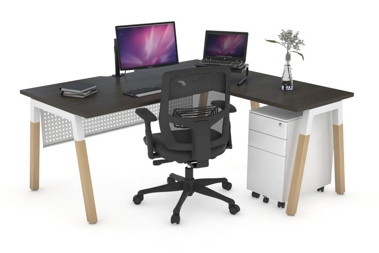 Quadro A Leg - L Shaped Corner Office Desk - Wood Leg Cross Beam [1400L x 1550W with Cable Scallop] Jasonl white leg dark oak white modesty
