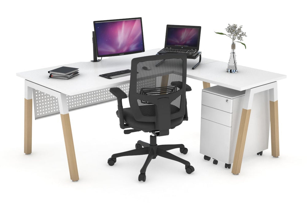 Quadro A Legs - L Shaped Corner Office Desk - Wood Legs Cross Beam [1400L x 1550W with Cable Scallop]-white leg white white modesty