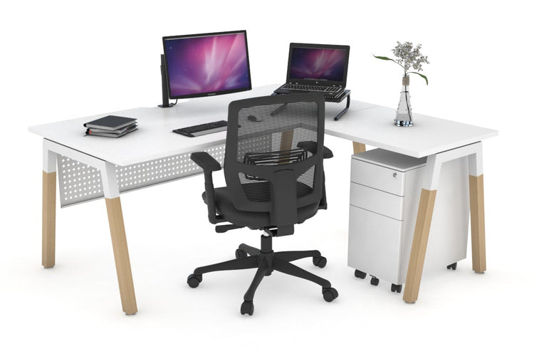 Quadro A Leg - L Shaped Corner Office Desk - Wood Leg Cross Beam [1400L x 1550W with Cable Scallop] Jasonl white leg white white modesty