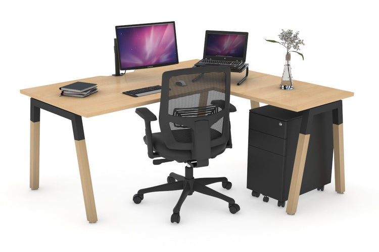 Quadro A Leg - L Shaped Corner Office Desk - Wood Leg Cross Beam [1400L x 1550W with Cable Scallop] Jasonl black leg maple none