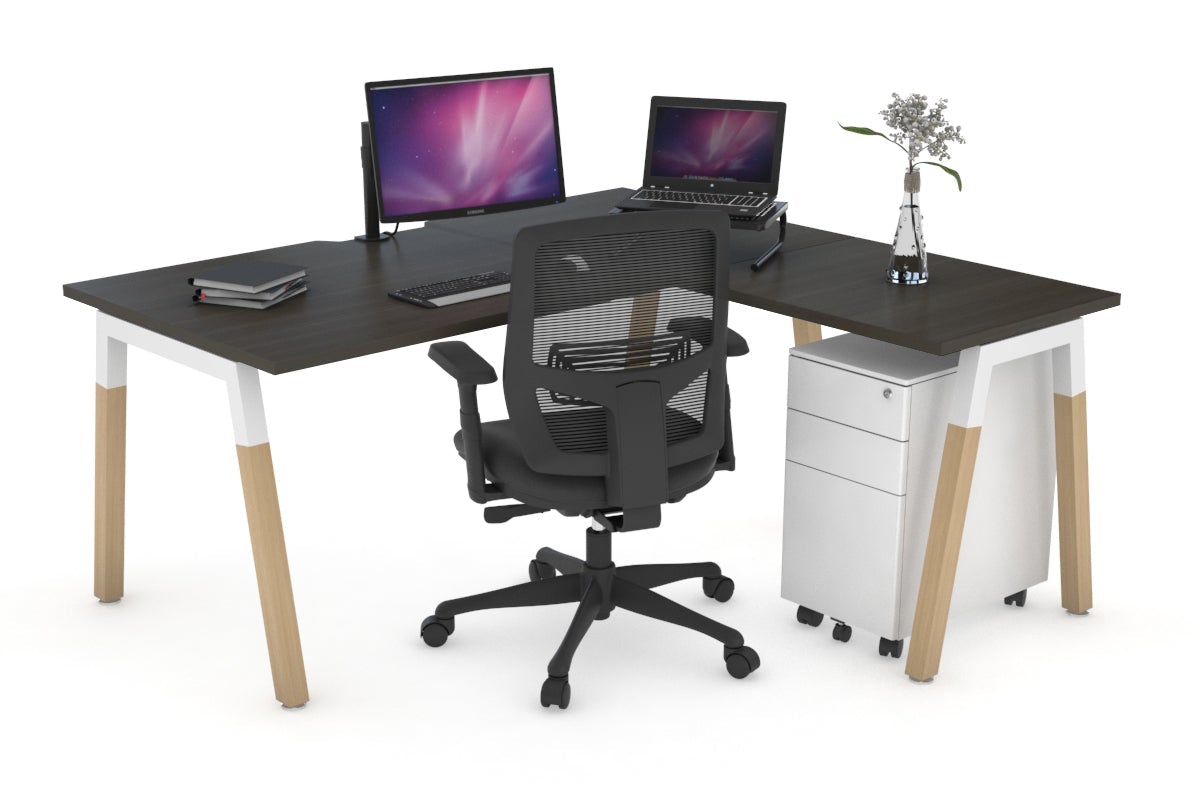 Quadro A Leg - L Shaped Corner Office Desk - Wood Leg Cross Beam [1400L x 1550W with Cable Scallop] Jasonl white leg dark oak none
