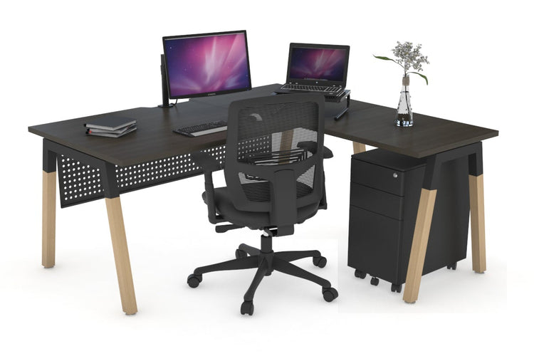 Quadro A Leg - L Shaped Corner Office Desk - Wood Leg Cross Beam [1400L x 1550W with Cable Scallop] Jasonl black leg dark oak black modesty
