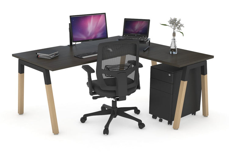 Quadro A Leg - L Shaped Corner Office Desk - Wood Leg Cross Beam [1400L x 1550W with Cable Scallop] Jasonl black leg dark oak none
