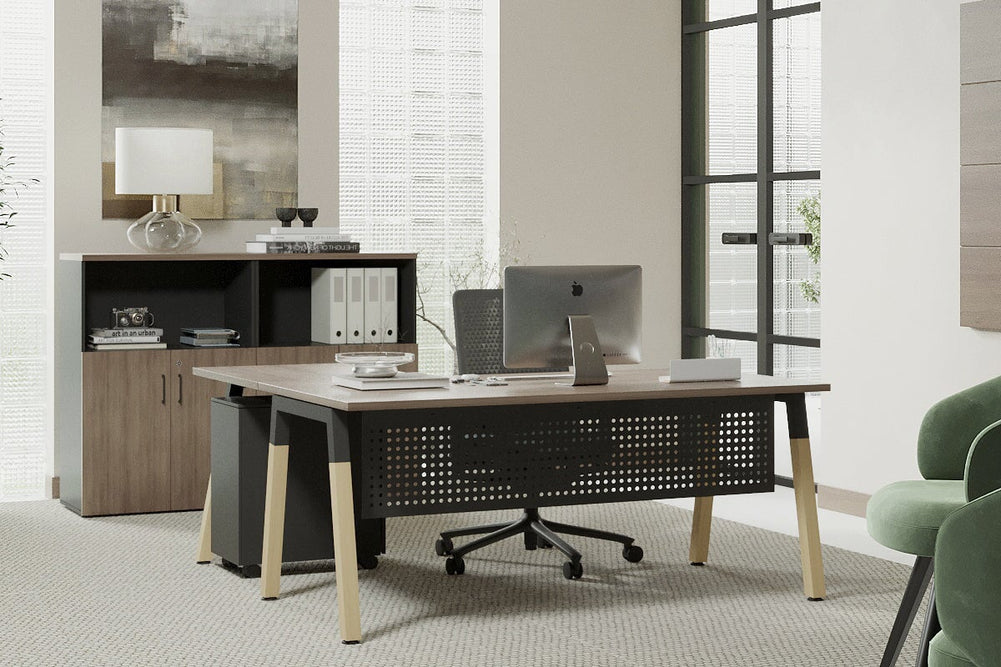 Quadro A Legs - L Shaped Corner Office Desk - Wood Legs Cross Beam [1400L x 1550W with Cable Scallop]-black leg dark oak white modesty