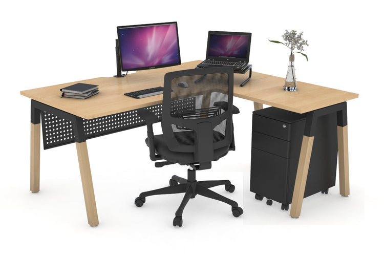 Quadro A Leg - L Shaped Corner Office Desk - Wood Leg Cross Beam [1400L x 1550W with Cable Scallop] Jasonl black leg maple black modesty