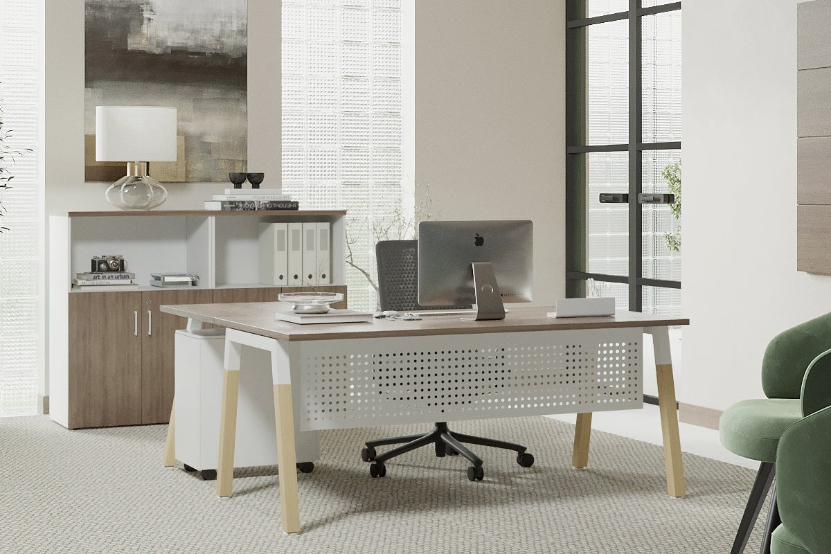 Quadro A Leg - L Shaped Corner Office Desk - Wood Leg Cross Beam [1400L x 1700W] Jasonl 