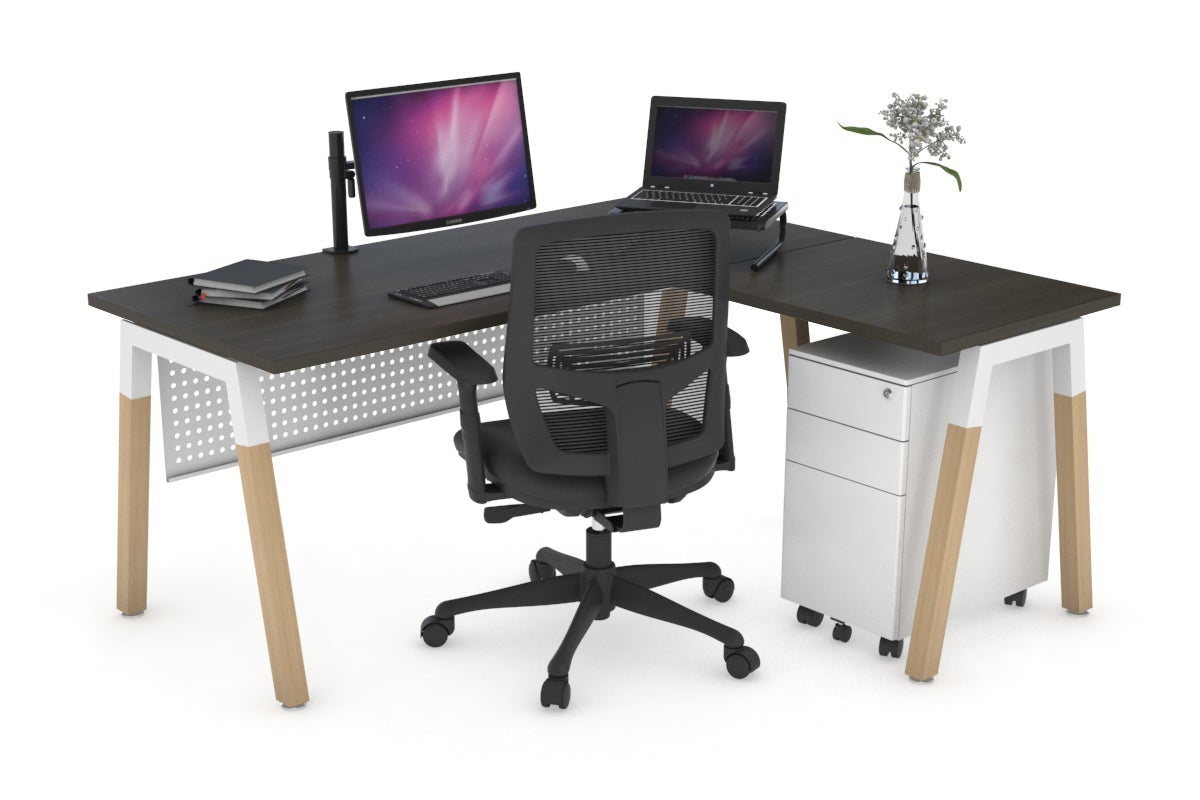 Quadro A Leg - L Shaped Corner Office Desk - Wood Leg Cross Beam [1400L x 1700W] Jasonl white leg dark oak white modesty