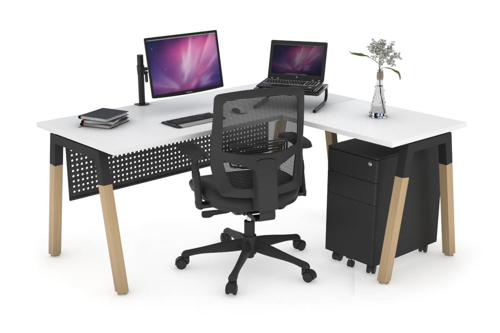 Quadro A Legs - L Shaped Corner Office Desk - Wood Legs Cross Beam [1400L x 1700W]-black leg dark oak white modesty