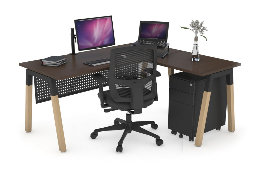 Quadro A Legs - L Shaped Corner Office Desk - Wood Legs Cross Beam [1400L x 1700W]-black leg dark oak white modesty