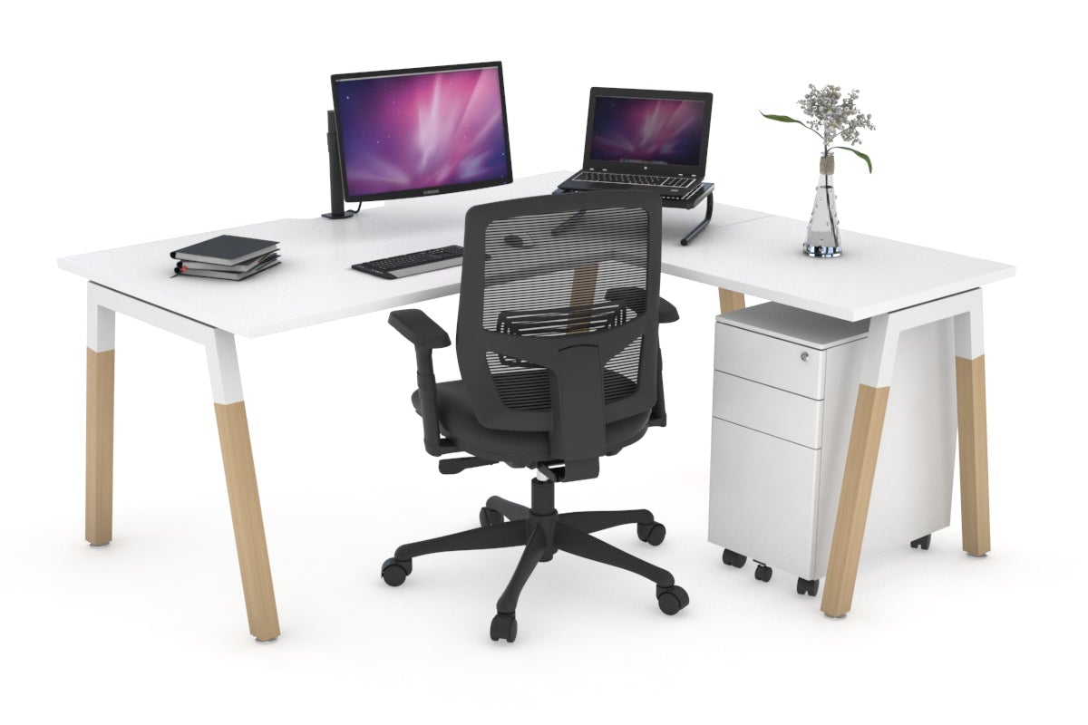 Quadro A Leg - L Shaped Corner Office Desk - Wood Leg Cross Beam [1400L x 1800W with Cable Scallop] Jasonl white leg white none