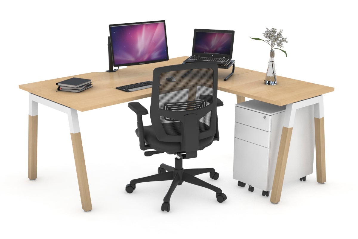 Quadro A Leg - L Shaped Corner Office Desk - Wood Leg Cross Beam [1400L x 1800W with Cable Scallop] Jasonl 