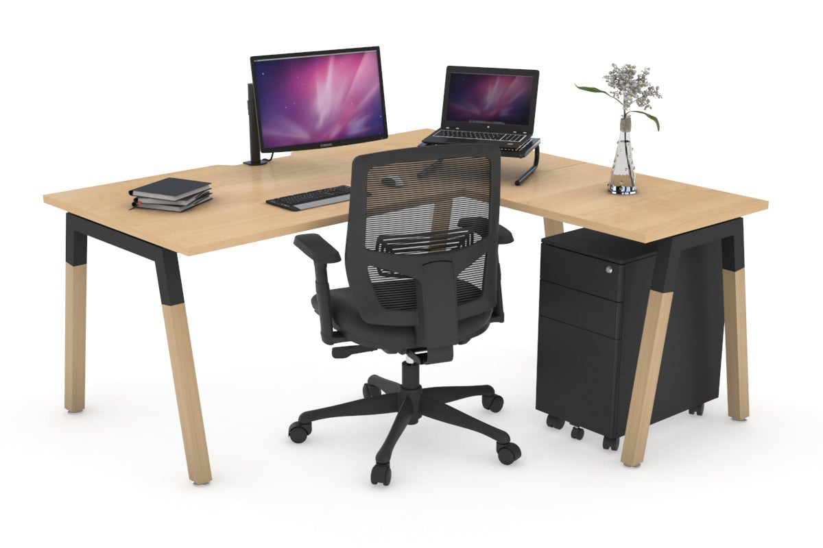 Quadro A Leg - L Shaped Corner Office Desk - Wood Leg Cross Beam [1400L x 1800W with Cable Scallop] Jasonl black leg maple none
