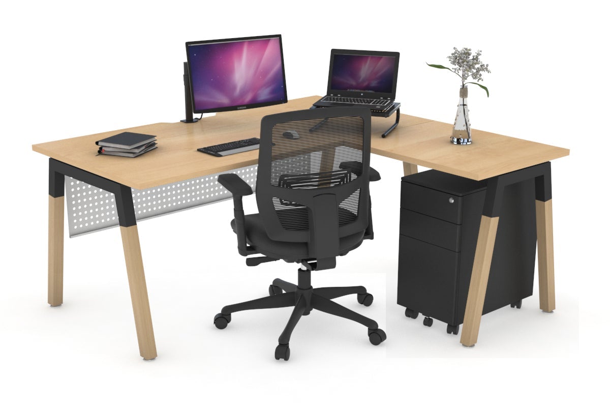 Quadro A Leg - L Shaped Corner Office Desk - Wood Leg Cross Beam [1400L x 1800W with Cable Scallop] Jasonl black leg maple white modesty