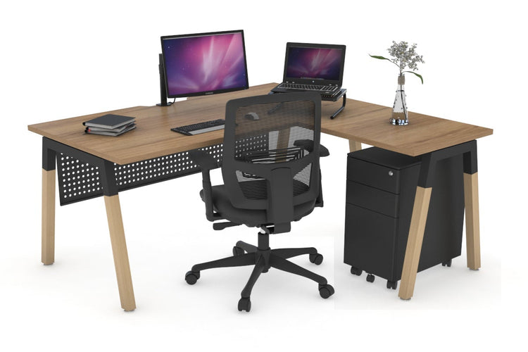 Quadro A Leg - L Shaped Corner Office Desk - Wood Leg Cross Beam [1400L x 1800W with Cable Scallop] Jasonl 
