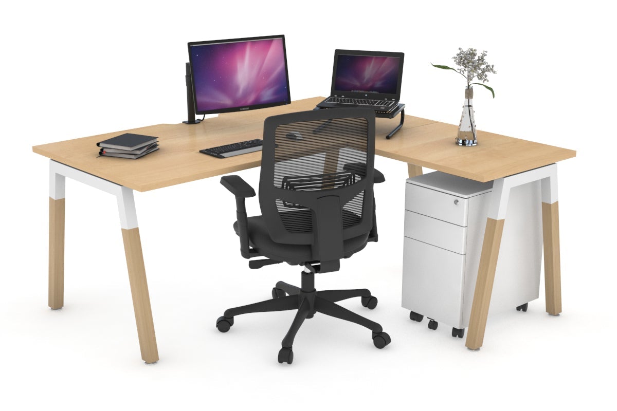 Quadro A Leg - L Shaped Corner Office Desk - Wood Leg Cross Beam [1400L x 1800W with Cable Scallop] Jasonl white leg maple none