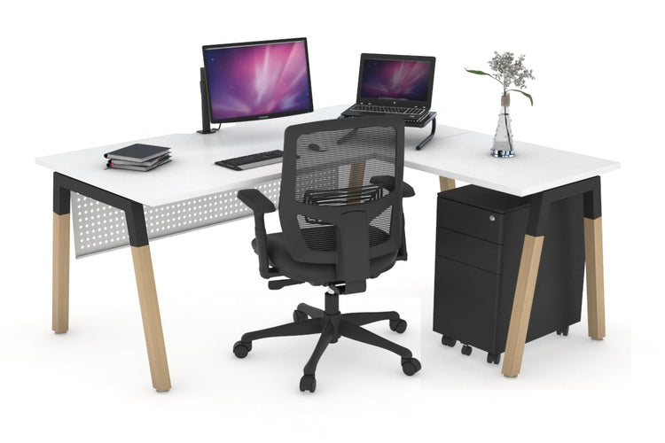 Quadro A Leg - L Shaped Corner Office Desk - Wood Leg Cross Beam [1400L x 1800W with Cable Scallop] Jasonl black leg white white modesty