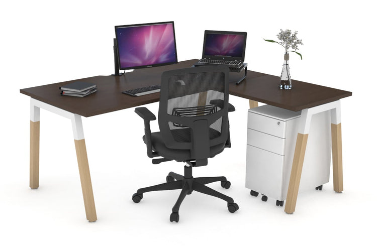 Quadro A Leg - L Shaped Corner Office Desk - Wood Leg Cross Beam [1400L x 1800W with Cable Scallop] Jasonl white leg wenge none