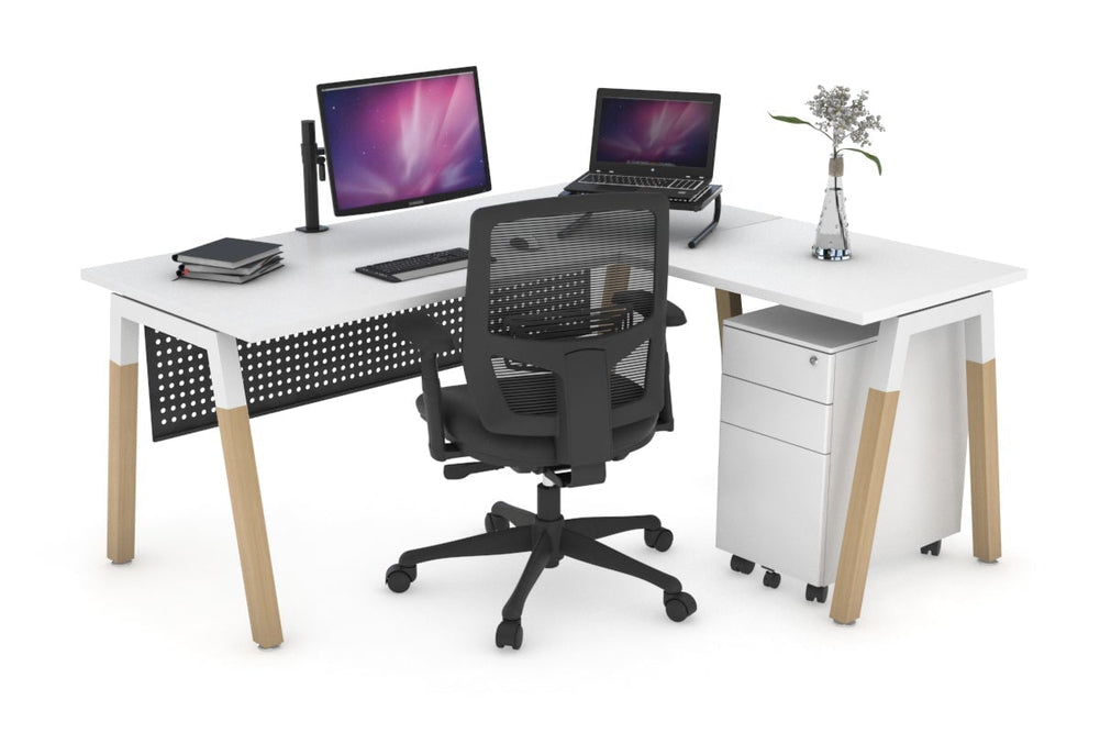 Quadro A Legs - L Shaped Corner Office Desk - Wood Legs Cross Beam [1600L x 1450W]-white leg white black modesty