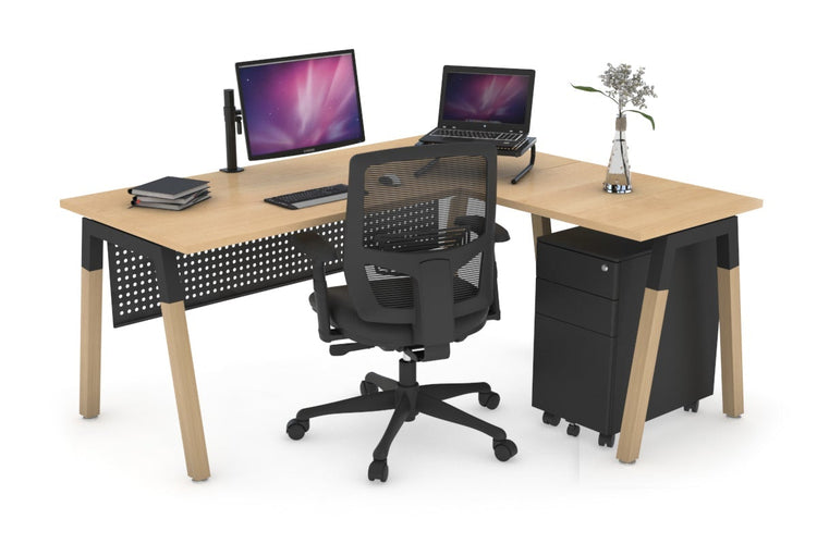 Quadro A Leg - L Shaped Corner Office Desk - Wood Leg Cross Beam [1600L x 1450W] Jasonl black leg maple black modesty