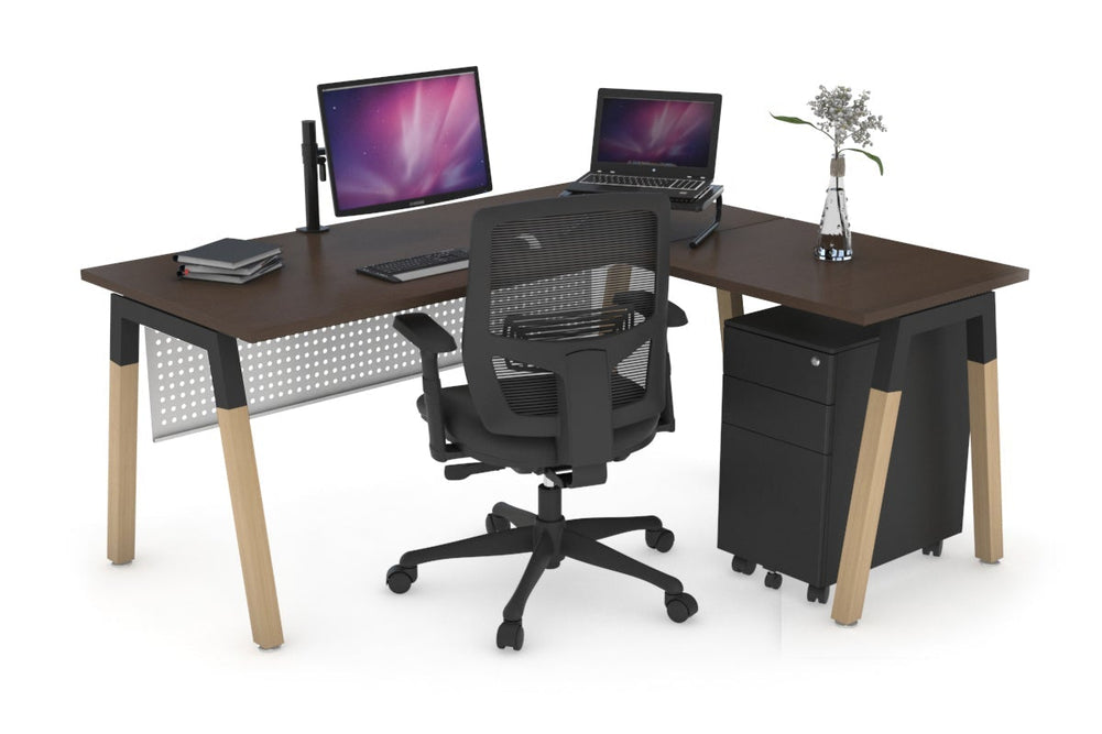 Quadro A Legs - L Shaped Corner Office Desk - Wood Legs Cross Beam [1600L x 1450W]-black leg dark oak white modesty