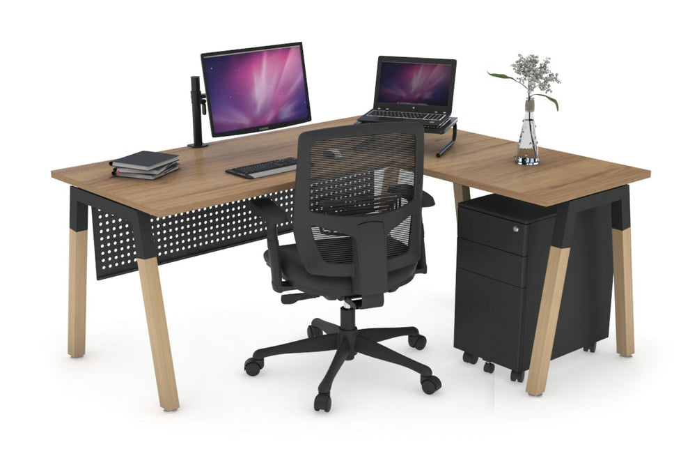 Quadro A Legs - L Shaped Corner Office Desk - Wood Legs Cross Beam [1600L x 1700W]-black leg salvage oak black modesty