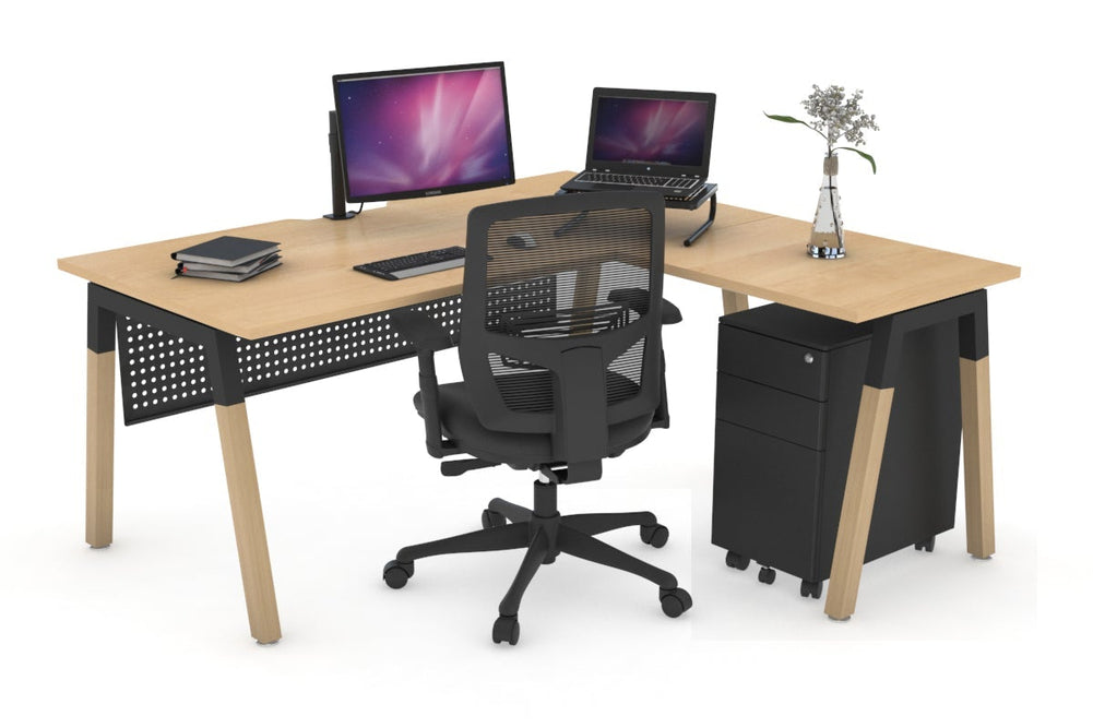 Quadro A Legs - L Shaped Corner Office Desk - Wood Legs Cross Beam [1600L x 1800W with Cable Scallop]-black leg maple black modesty