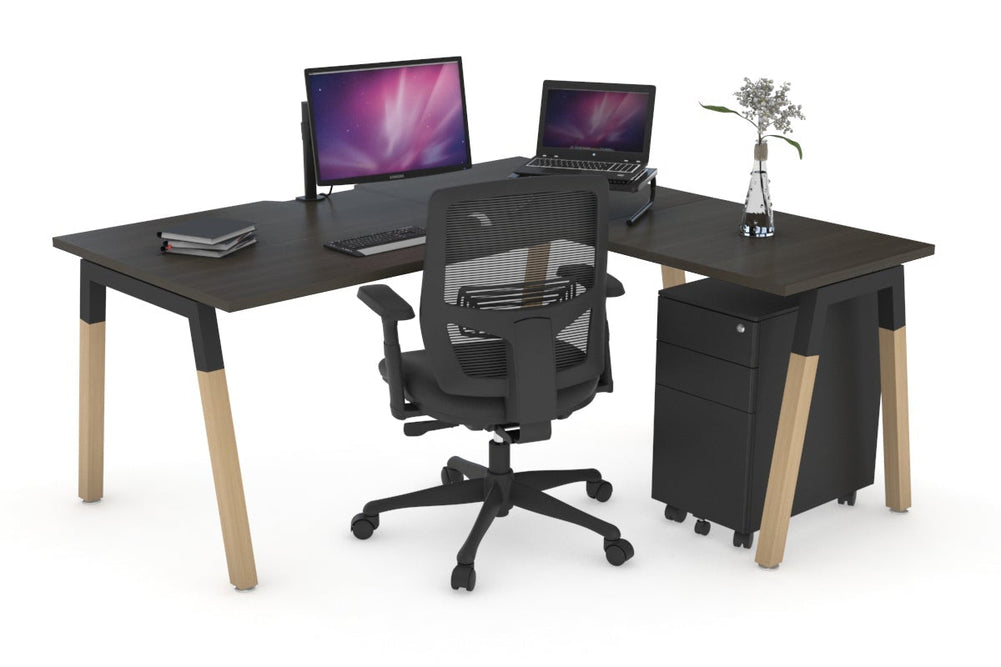 Quadro A Legs - L Shaped Corner Office Desk - Wood Legs Cross Beam [1600L x 1800W with Cable Scallop]-black leg dark oak none