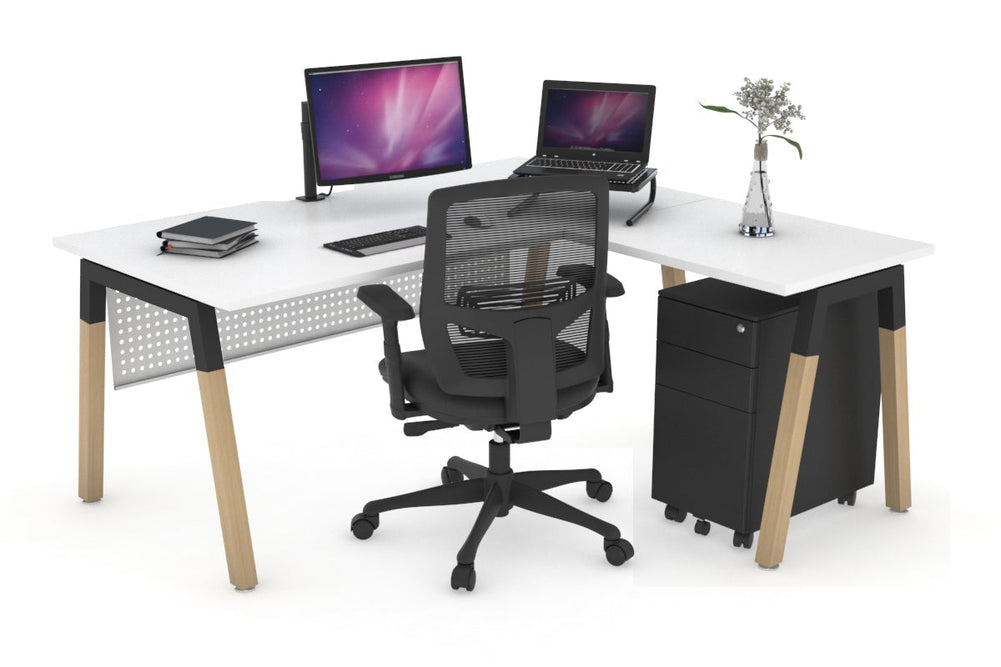 Quadro A Legs - L Shaped Corner Office Desk - Wood Legs Cross Beam [1600L x 1800W with Cable Scallop]-black leg white white modesty