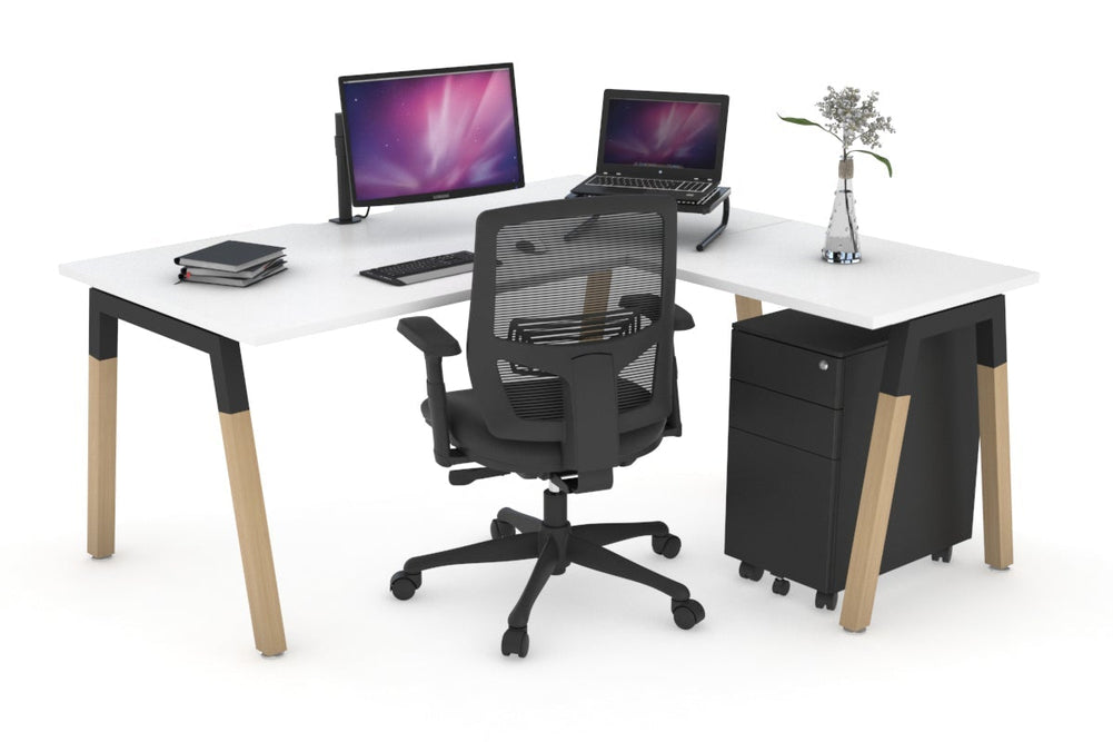 Quadro A Legs - L Shaped Corner Office Desk - Wood Legs Cross Beam [1600L x 1800W with Cable Scallop]-black leg white none