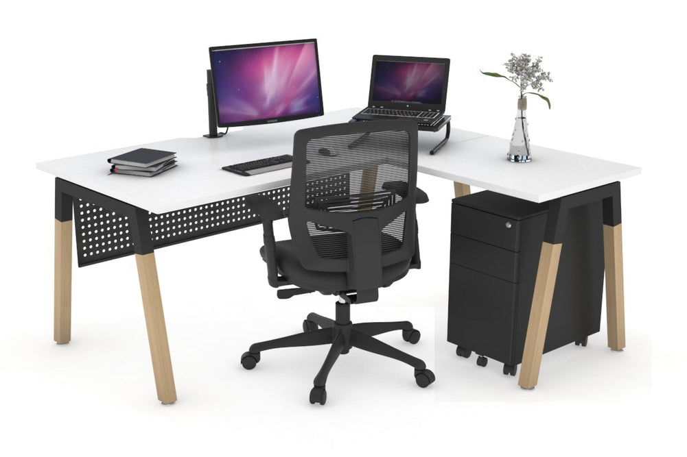Quadro A Legs - L Shaped Corner Office Desk - Wood Legs Cross Beam [1600L x 1800W with Cable Scallop]-black leg dark oak white modesty
