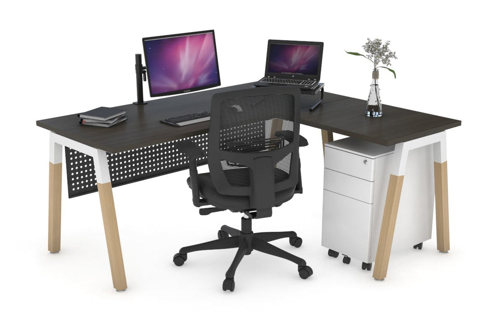 Quadro A Legs - L Shaped Corner Office Desk - Wood Legs Cross Beam [1800L x 1450W]-white leg dark oak black modesty